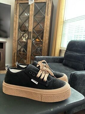 Black Suede Platform Sneakers with Tan Soles